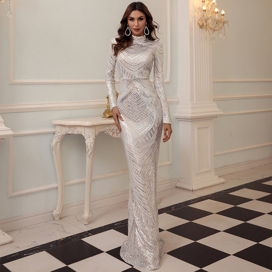 ROBE DE SOIRÉE SIRÈNE MANCHES LONGUE À SEQUINS
