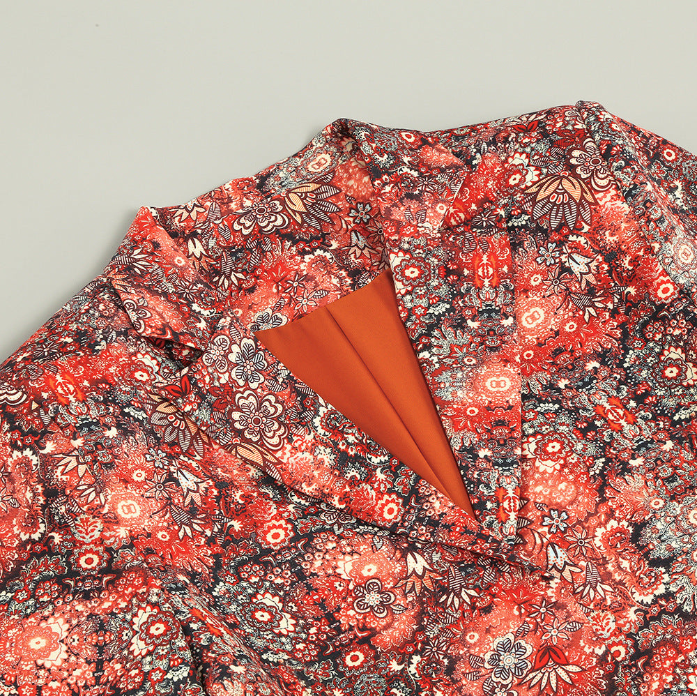 BLAZER IMPRIMÉ FLORAL ROUGE CORAIL DÉTAILS PLUMES