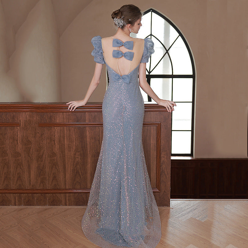 ROBE DE SOIRÉE SIRÈNE À SEQUINS MANCHES BOUFFANTES
