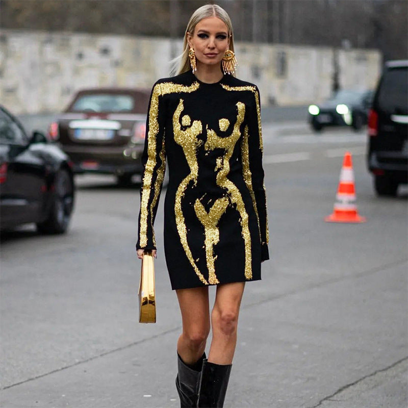 ROBE MINI NOIRE MANCHES LONGUES IMPRIMÉE GOLD