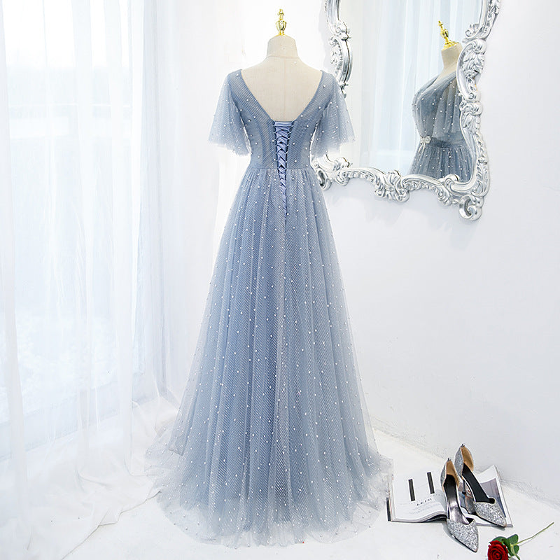 ROBE DE SOIRÉE PRINCESSE PERLÉE PAILLETÉE BLEU CLAIR