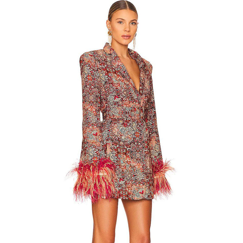 BLAZER IMPRIMÉ FLORAL ROUGE CORAIL DÉTAILS PLUMES