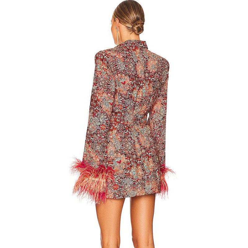 BLAZER IMPRIMÉ FLORAL ROUGE CORAIL DÉTAILS PLUMES