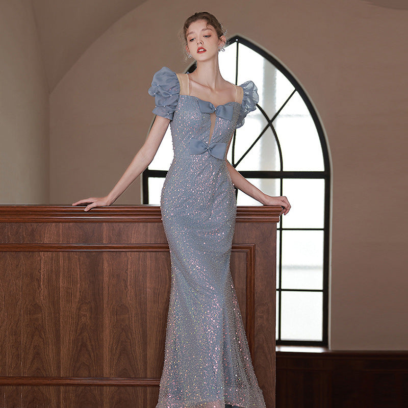 ROBE DE SOIRÉE SIRÈNE À SEQUINS MANCHES BOUFFANTES