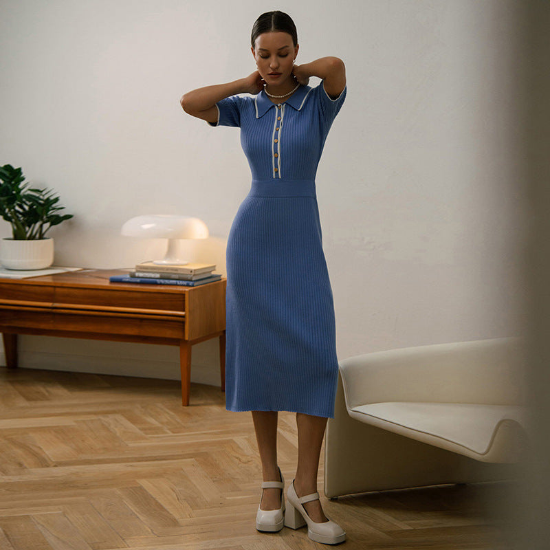 ROBE TRICOT MI-LONGUE COL POLO