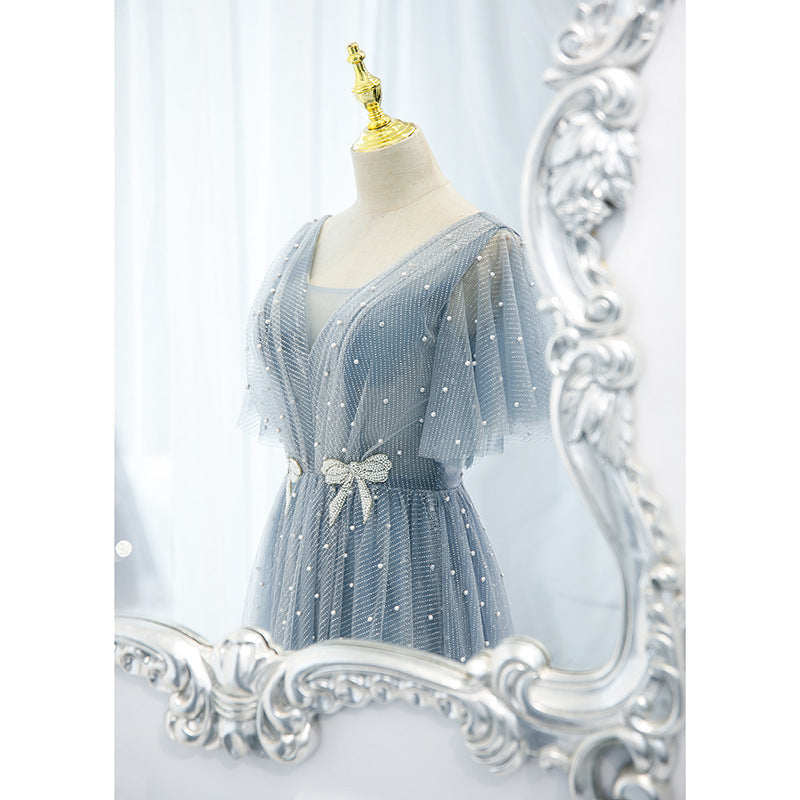 ROBE DE SOIRÉE PRINCESSE PERLÉE PAILLETÉE BLEU CLAIR