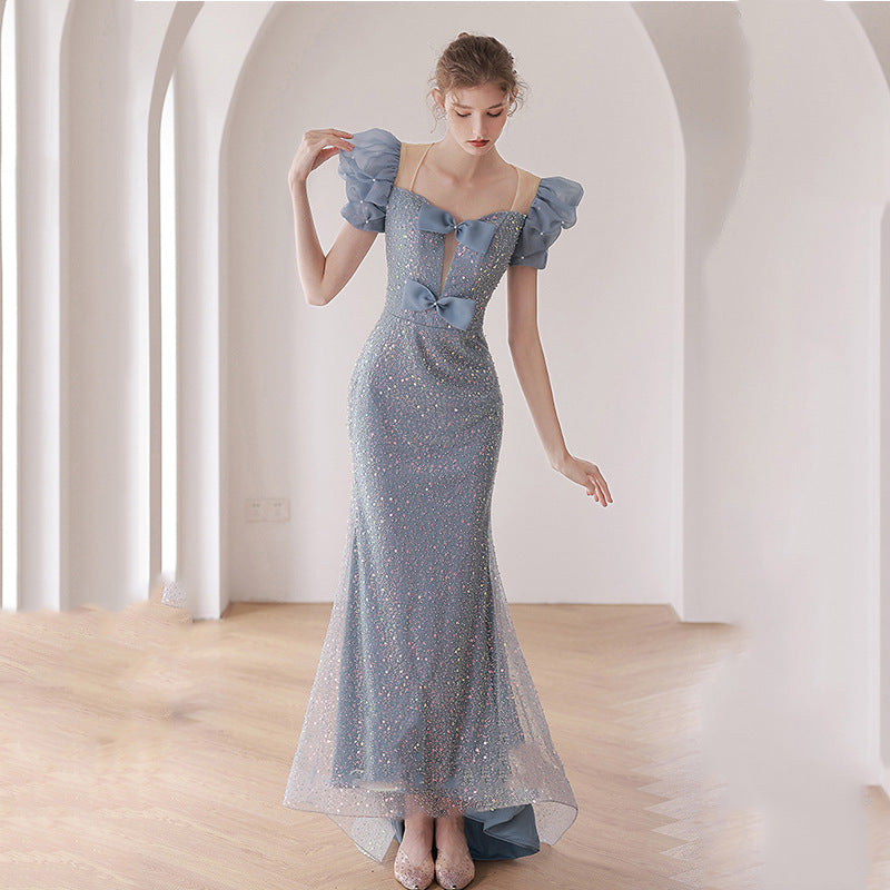 ROBE DE SOIRÉE SIRÈNE À SEQUINS MANCHES BOUFFANTES