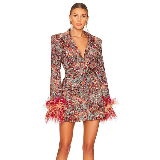 BLAZER IMPRIMÉ FLORAL ROUGE CORAIL DÉTAILS PLUMES