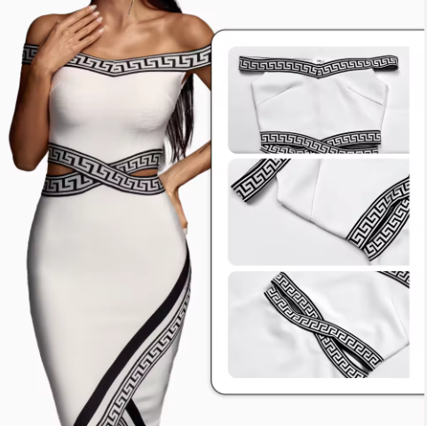 ROBE MOULANTE BLANCHE MIDI AVEC DÉTAILS NOIR&BLANC