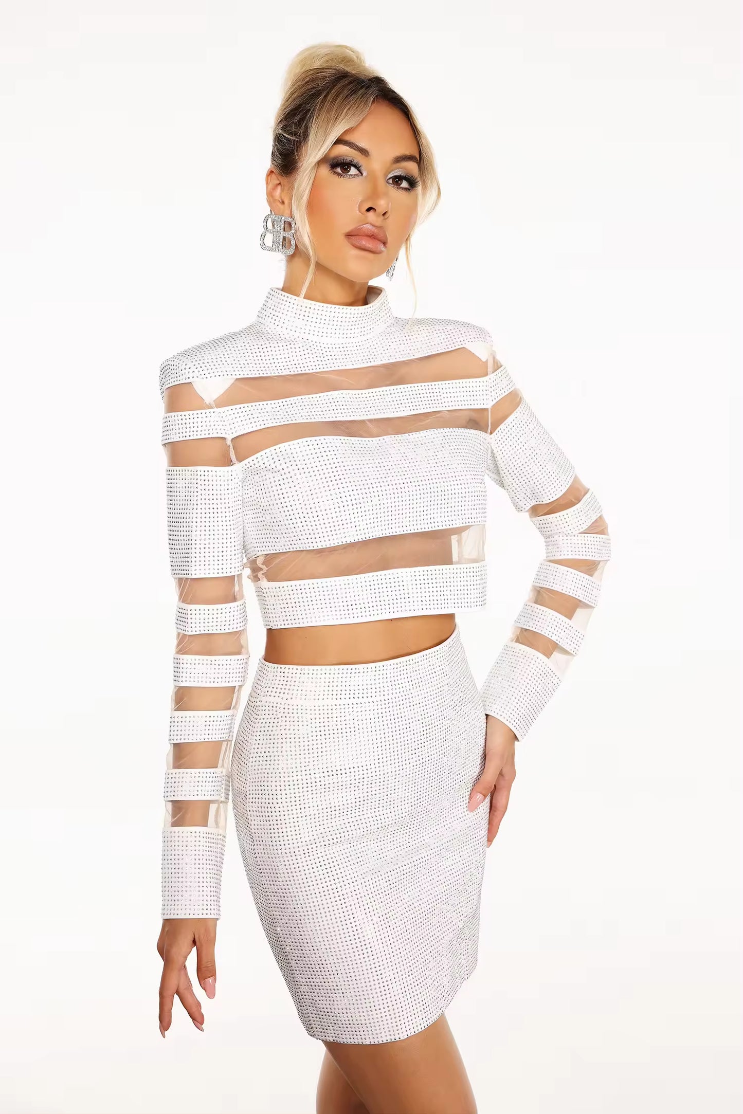 ENSEMBLE TOP & JUPES DIAMANTS - BLANC