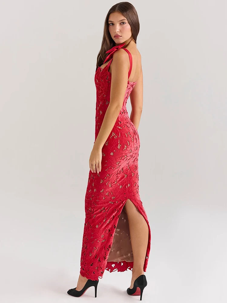 ROBE DE SOIRÉE LONGUE EN DENTELLE À BRETELLES NOUÉES
