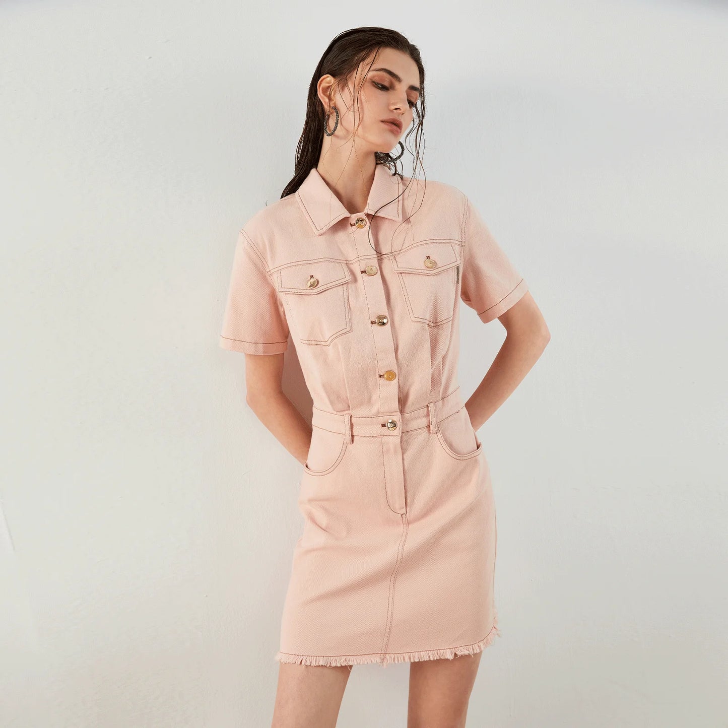 ROBE DÉCONTRACTÉE COURTE EN COTON BOUTONNÉE HAUTE QUALITÉ