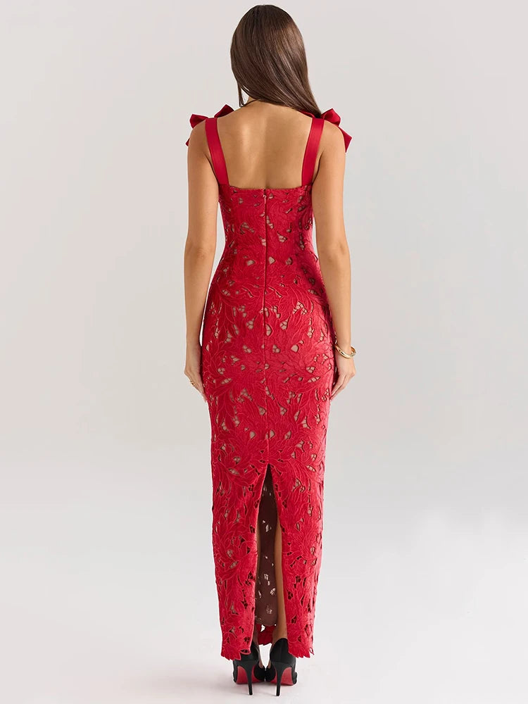 ROBE DE SOIRÉE LONGUE EN DENTELLE À BRETELLES NOUÉES