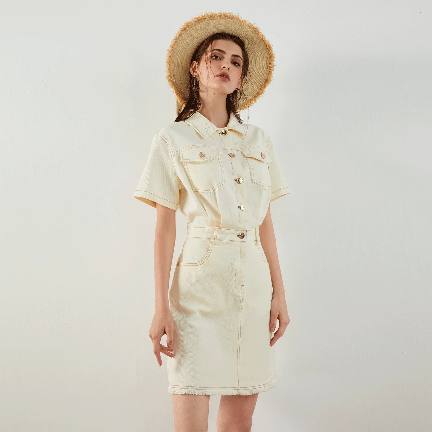 ROBE DÉCONTRACTÉE COURTE EN COTON BOUTONNÉE HAUTE QUALITÉ