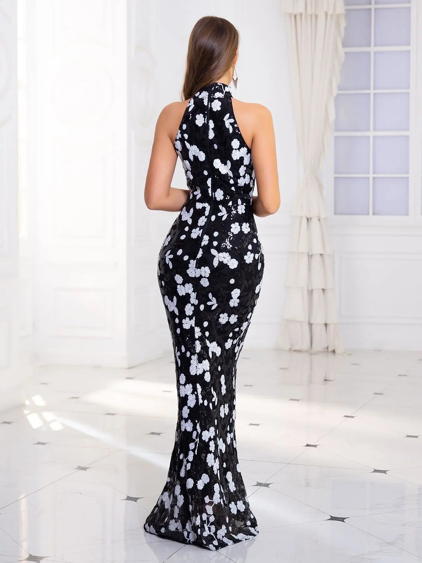 ROBE DE SOIRÉE SIRÈNE À SEQUINS & IMPRIMÉE FLORAL