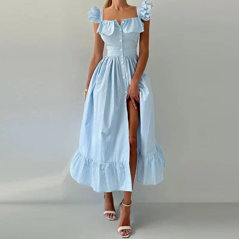 ROBE CHEMISE LONGUE À RAYURE & VOLANTS