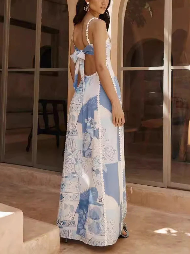 ROBE D'ÉTÉ LONGUE IMPRIMÉE DOS NUS À LACET