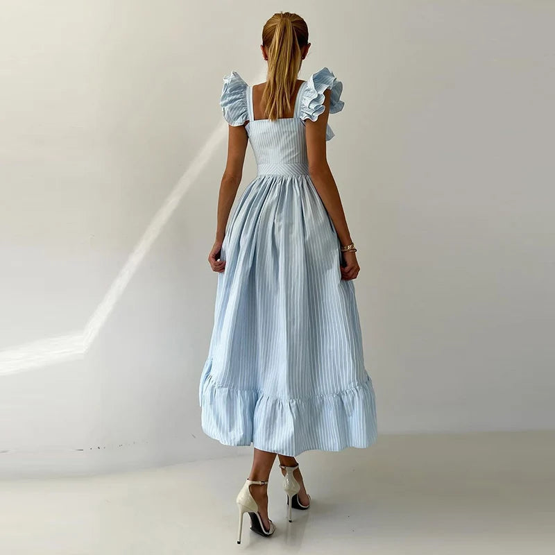 ROBE CHEMISE LONGUE À RAYURE & VOLANTS