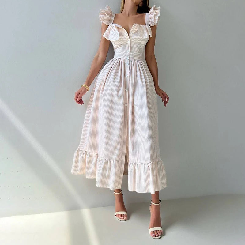 ROBE CHEMISE LONGUE À RAYURE & VOLANTS