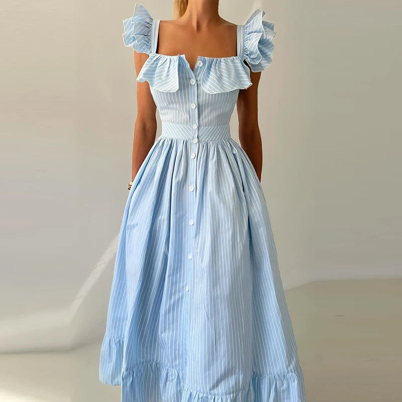 ROBE CHEMISE LONGUE À RAYURE & VOLANTS