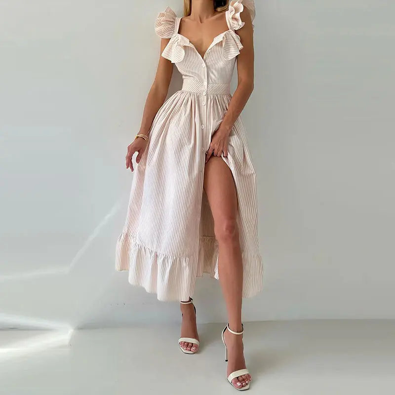 ROBE CHEMISE LONGUE À RAYURE & VOLANTS