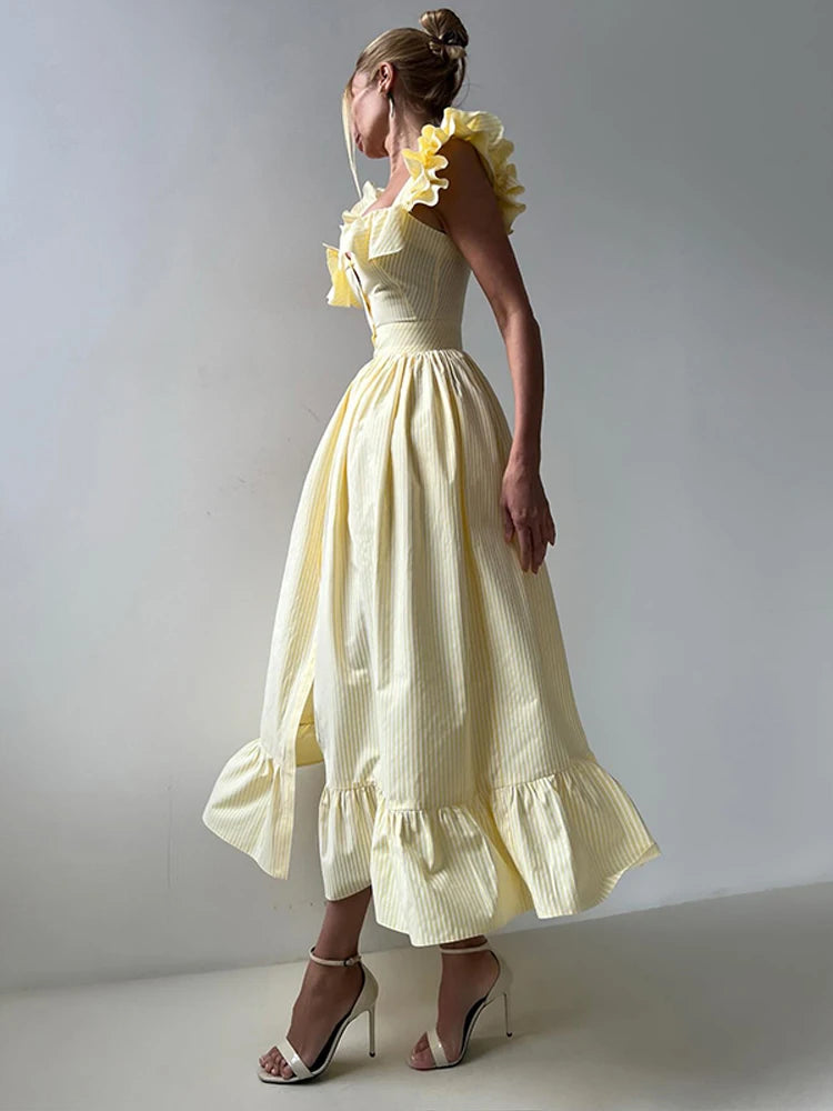 ROBE CHEMISE LONGUE À RAYURE & VOLANTS