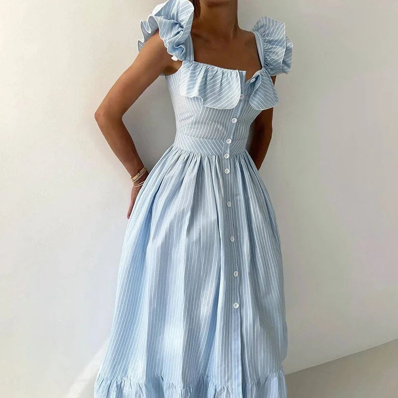 ROBE CHEMISE LONGUE À RAYURE & VOLANTS