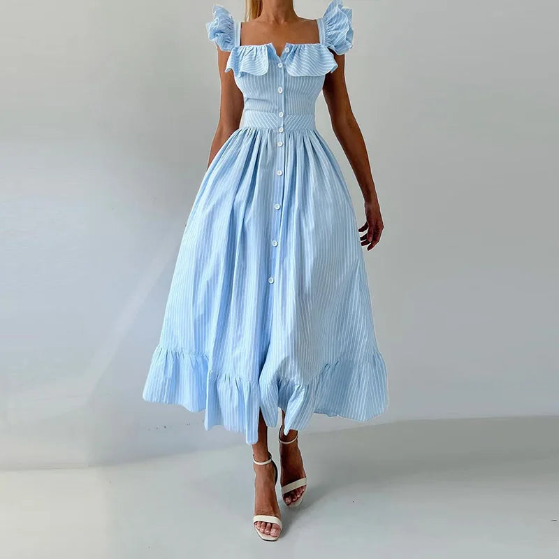 ROBE CHEMISE LONGUE À RAYURE & VOLANTS