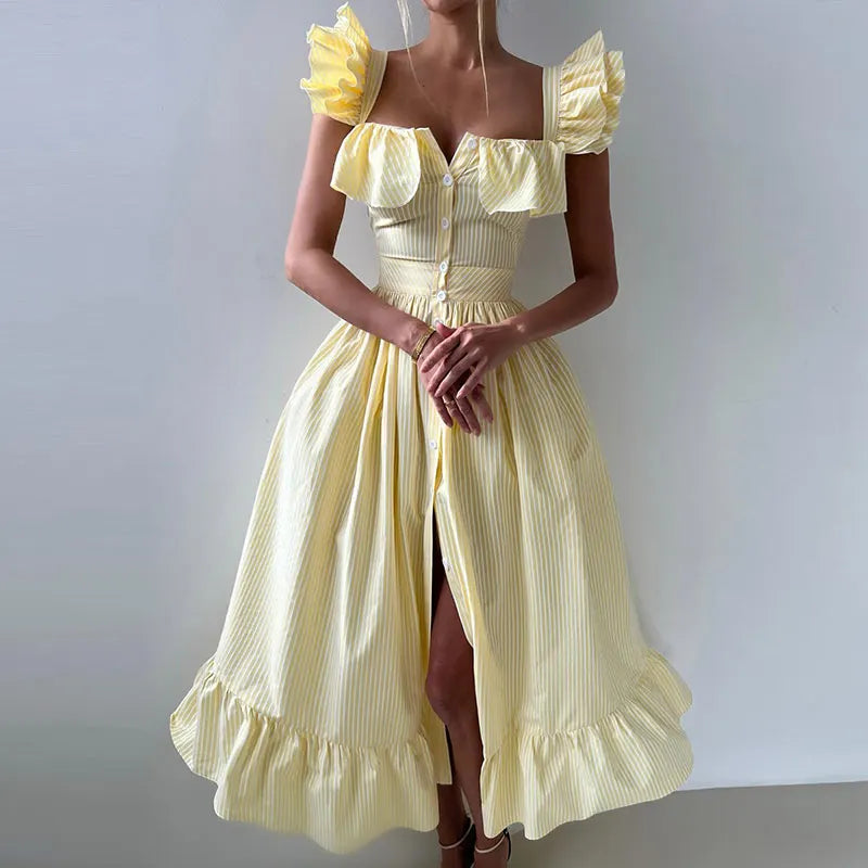 ROBE CHEMISE LONGUE À RAYURE & VOLANTS