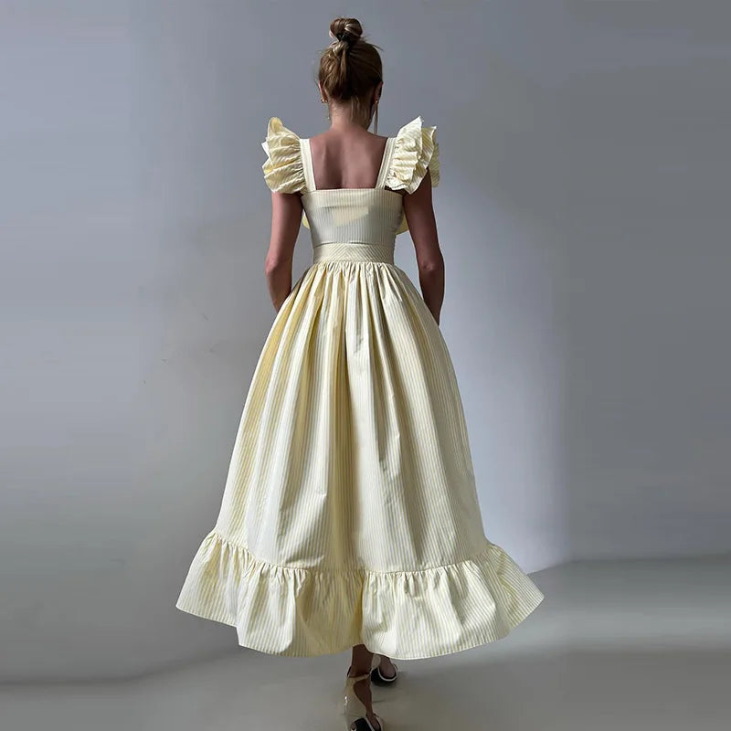 ROBE CHEMISE LONGUE À RAYURE & VOLANTS