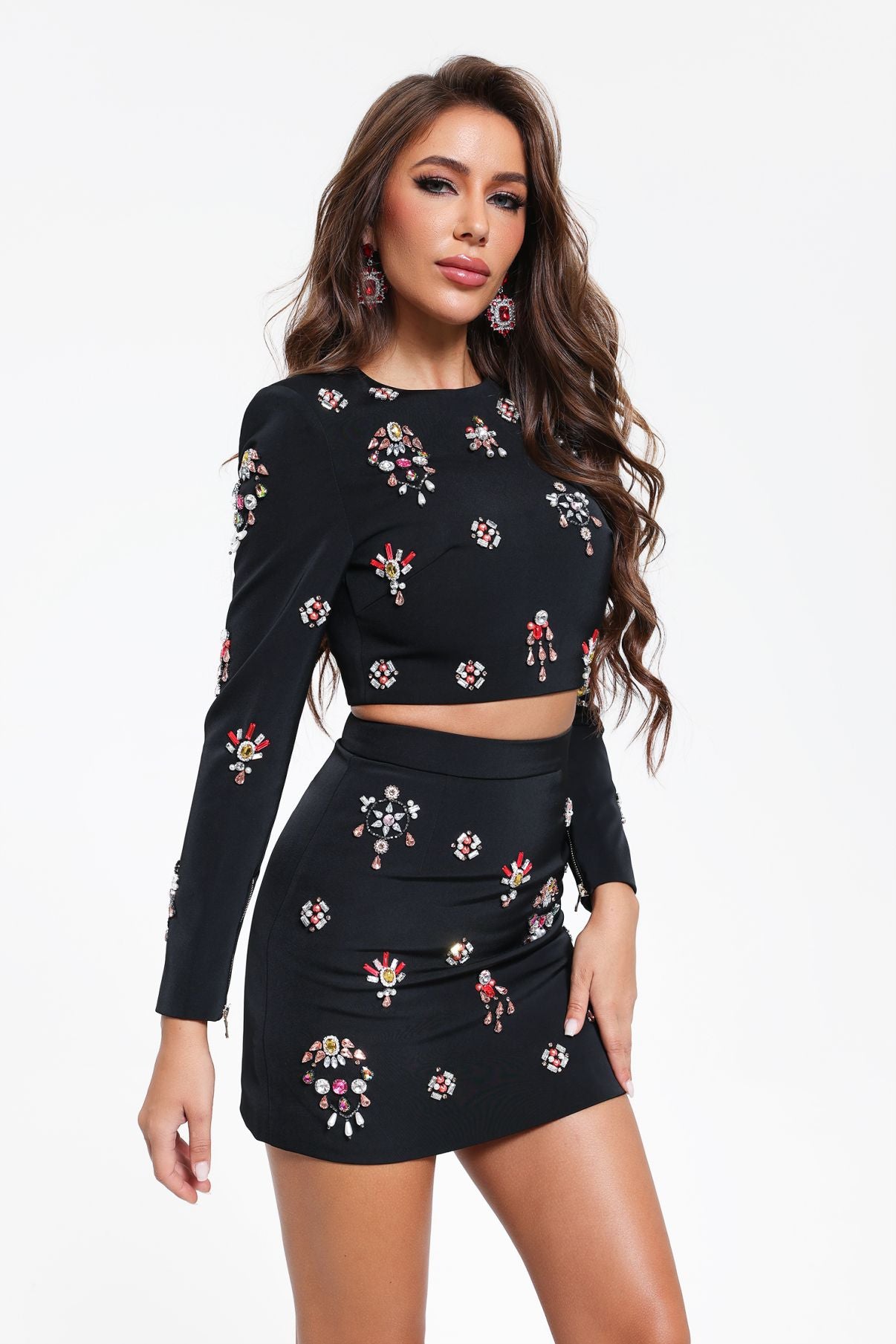 ENSEMBLE TOP&JUPE ORNÉE DE PERLES CRISTAUX