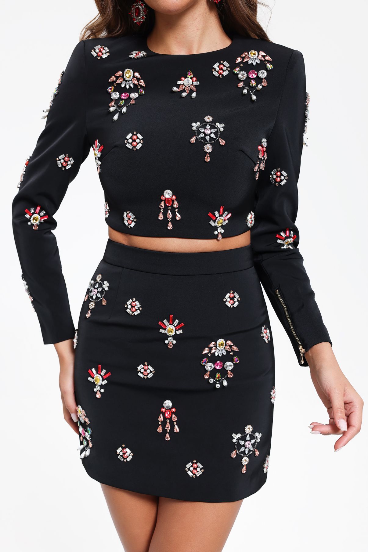 ENSEMBLE TOP&JUPE ORNÉE DE PERLES CRISTAUX