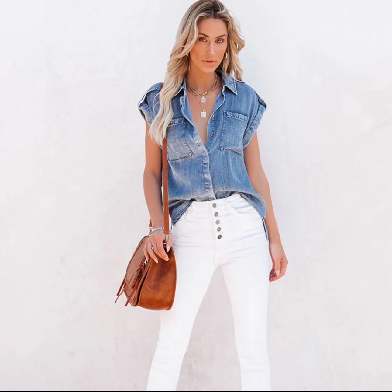 CHEMISE DENIM AMPLE SANS MANCHES AVEC POCHES