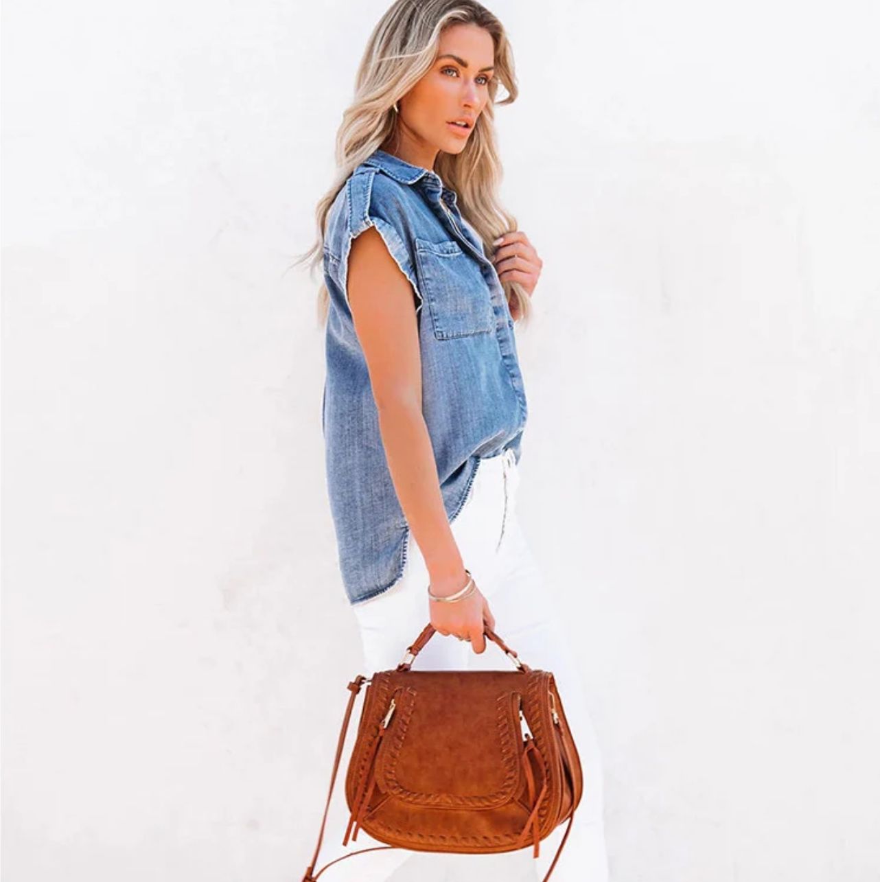 CHEMISE DENIM AMPLE SANS MANCHES AVEC POCHES
