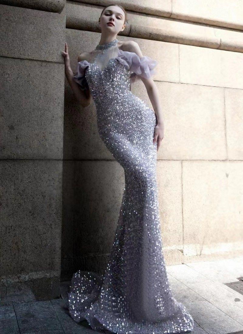 ROBE DE SOIRÉE SIRÈNE À SEQUINS ÉPAULES DÉNUDÉES
