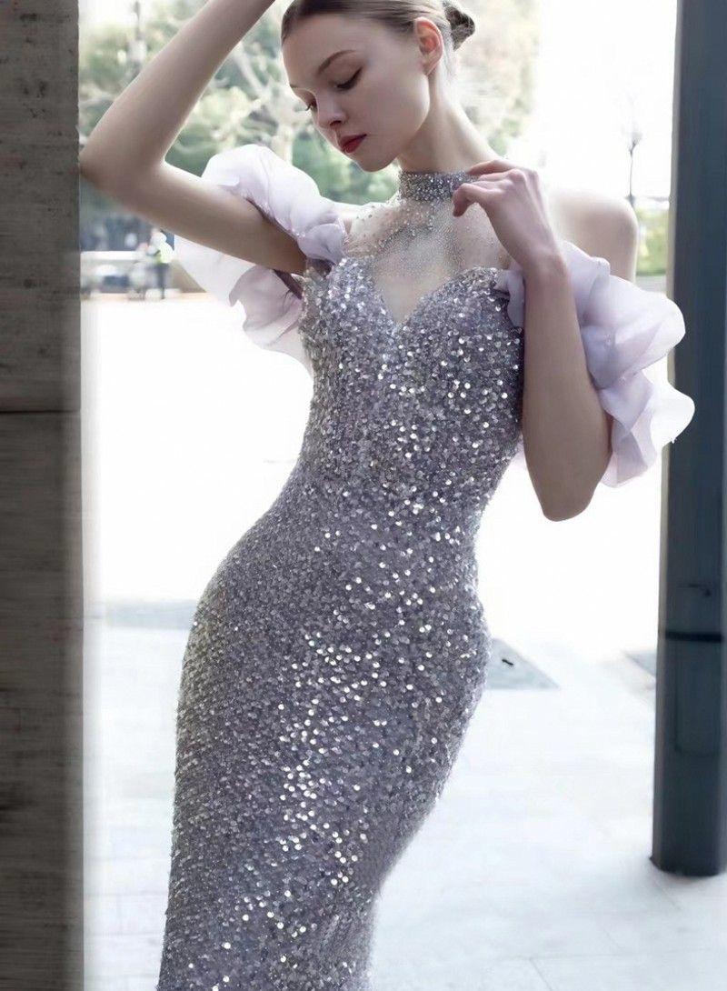 ROBE DE SOIRÉE SIRÈNE À SEQUINS ÉPAULES DÉNUDÉES
