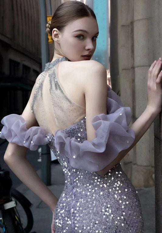 ROBE DE SOIRÉE SIRÈNE À SEQUINS ÉPAULES DÉNUDÉES