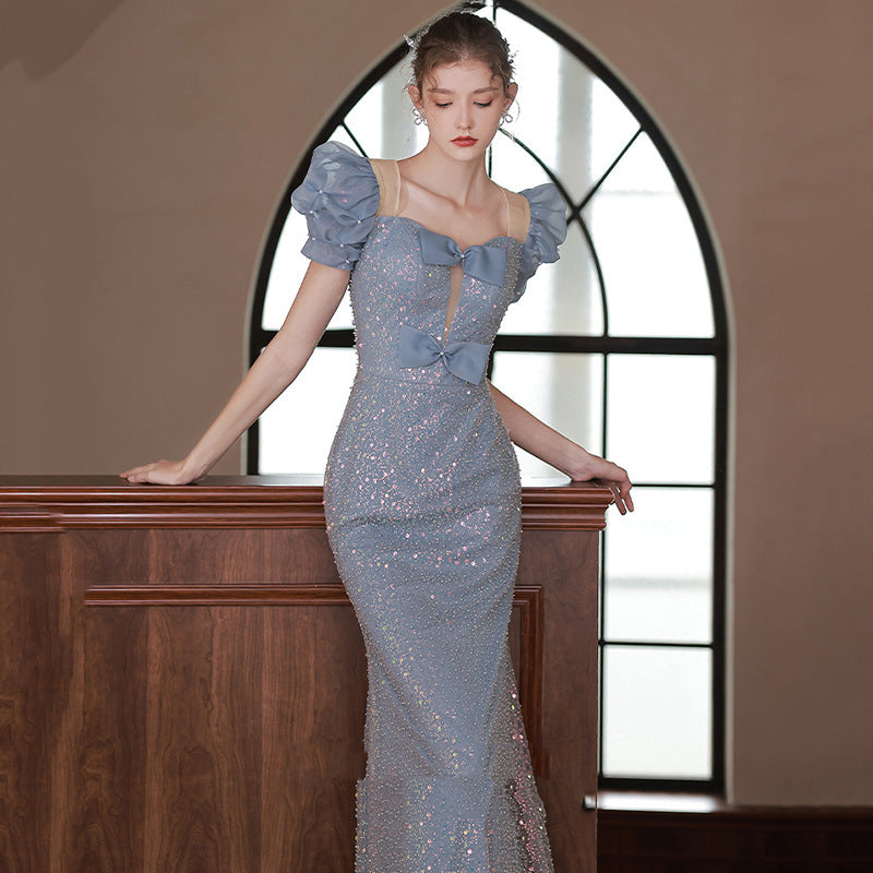 ROBE DE SOIRÉE SIRÈNE À SEQUINS MANCHES BOUFFANTES