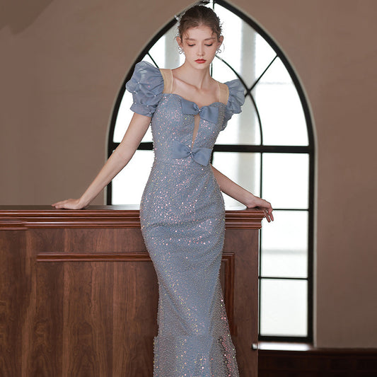 ROBE DE SOIRÉE SIRÈNE À SEQUINS MANCHES BOUFFANTES