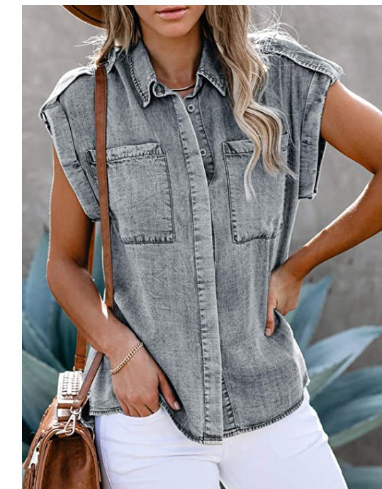 CHEMISE DENIM AMPLE SANS MANCHES AVEC POCHES