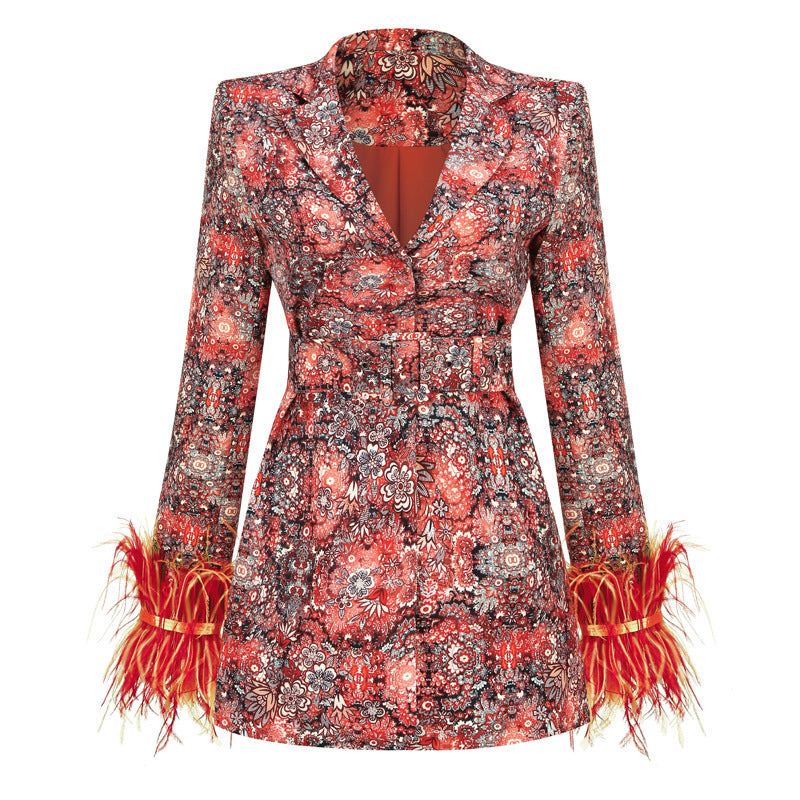 BLAZER IMPRIMÉ FLORAL ROUGE CORAIL DÉTAILS PLUMES