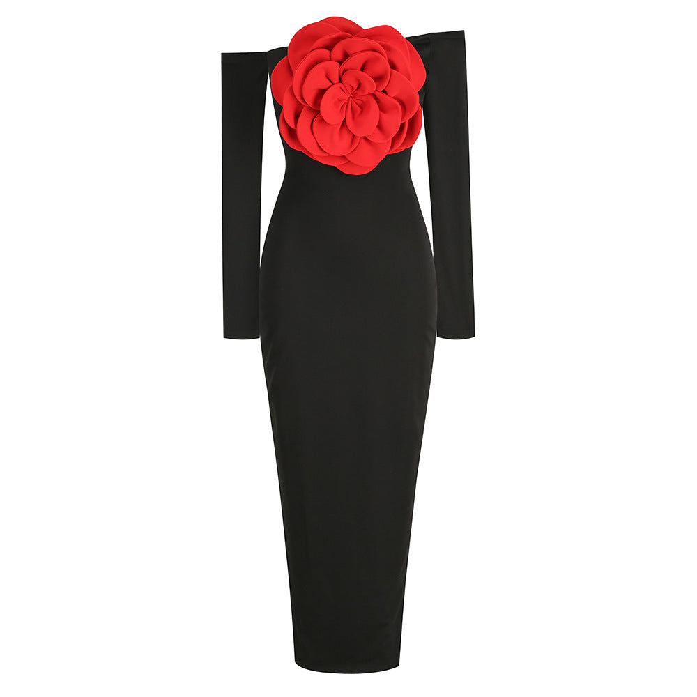 ROBE DE COCKTAIL LONGUE AVEC DÉTAIL ROSE