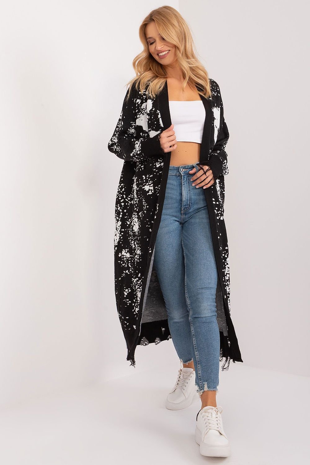 CARDIGAN GILET LONG IMPRIMÉ BICOLORE