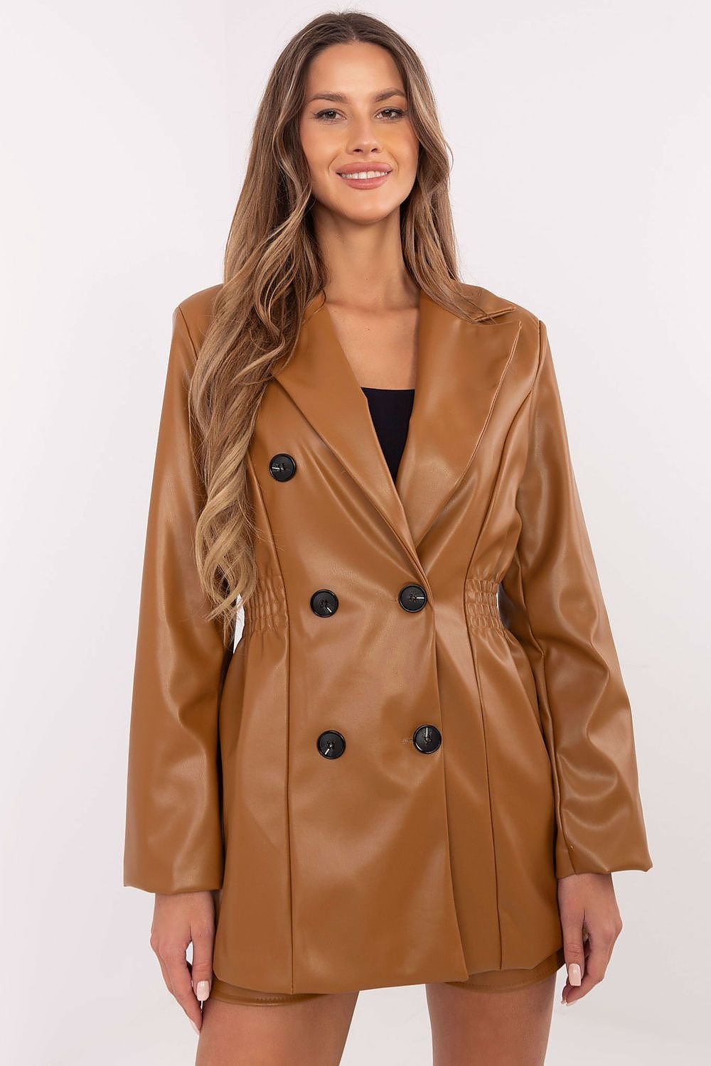 VESTE SIMILI-CUIR CEINTRÉE À DOUBLE BOUTONNAGE