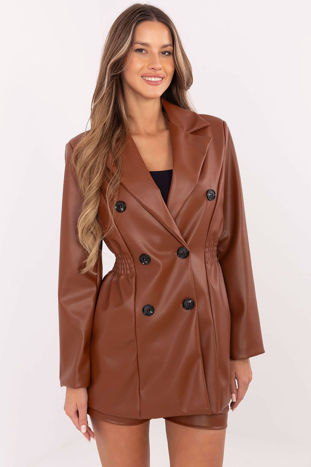 VESTE SIMILI-CUIR CEINTRÉE À DOUBLE BOUTONNAGE