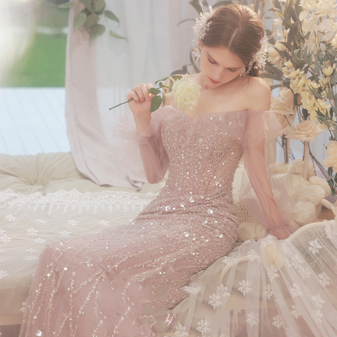 ROBE DE SOIRÉE SIRÈNE PERLÉE AVEC TRAÎNE