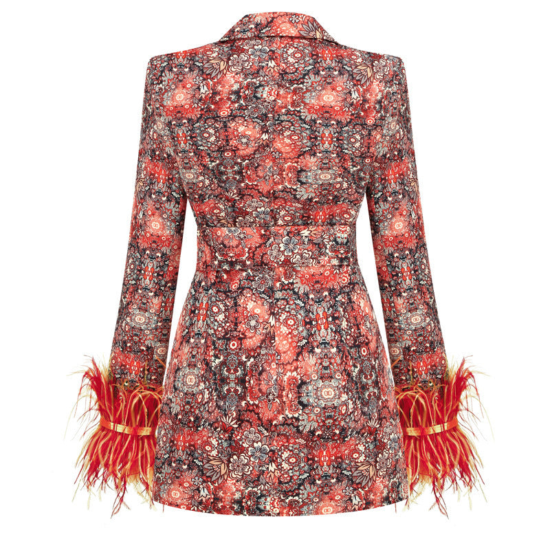 BLAZER IMPRIMÉ FLORAL ROUGE CORAIL DÉTAILS PLUMES