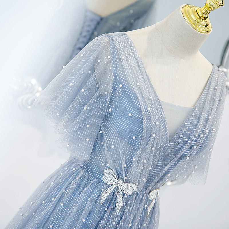 ROBE DE SOIRÉE PRINCESSE PERLÉE PAILLETÉE BLEU CLAIR