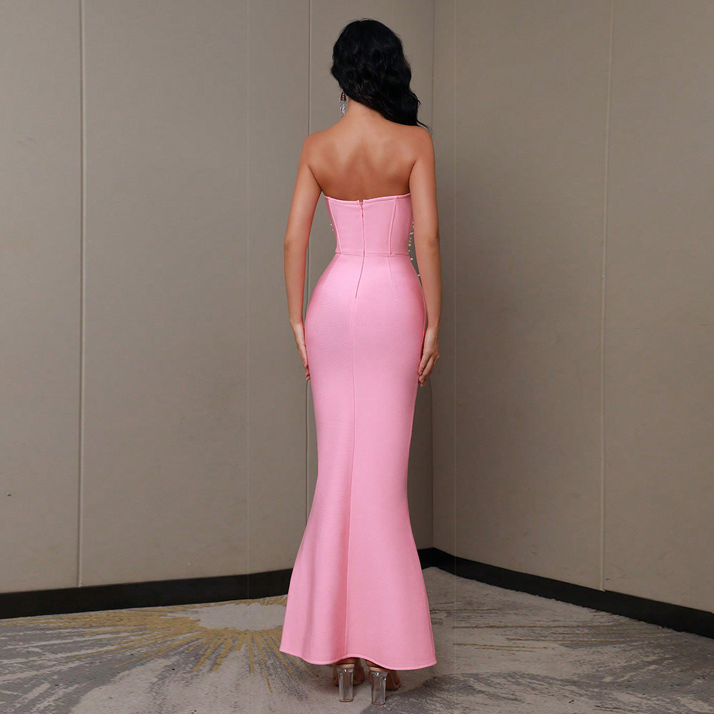 ROBE BUSTIER PERLÉ ROSE