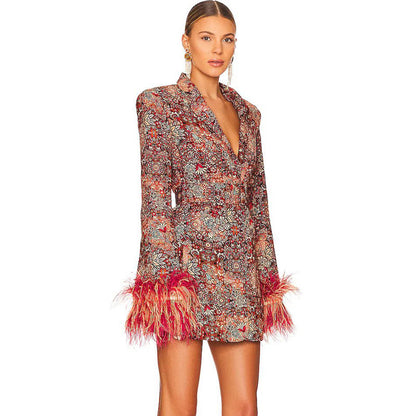 BLAZER IMPRIMÉ FLORAL ROUGE CORAIL DÉTAILS PLUMES